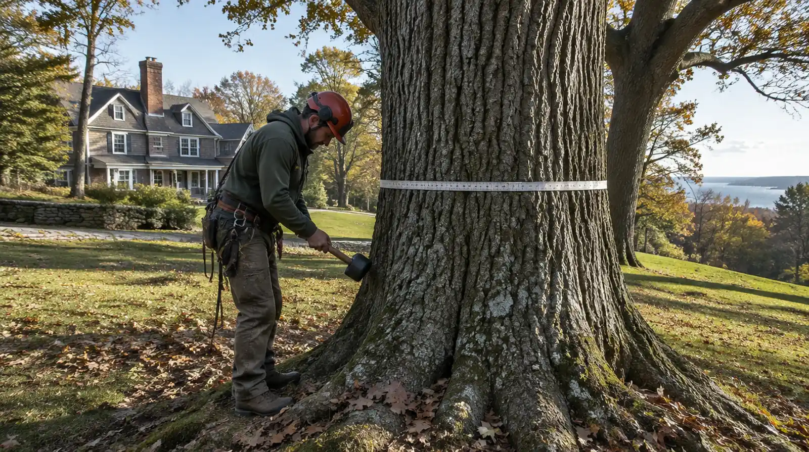 Arborist assessing a large old oak on a property in Oyster Bay, NY