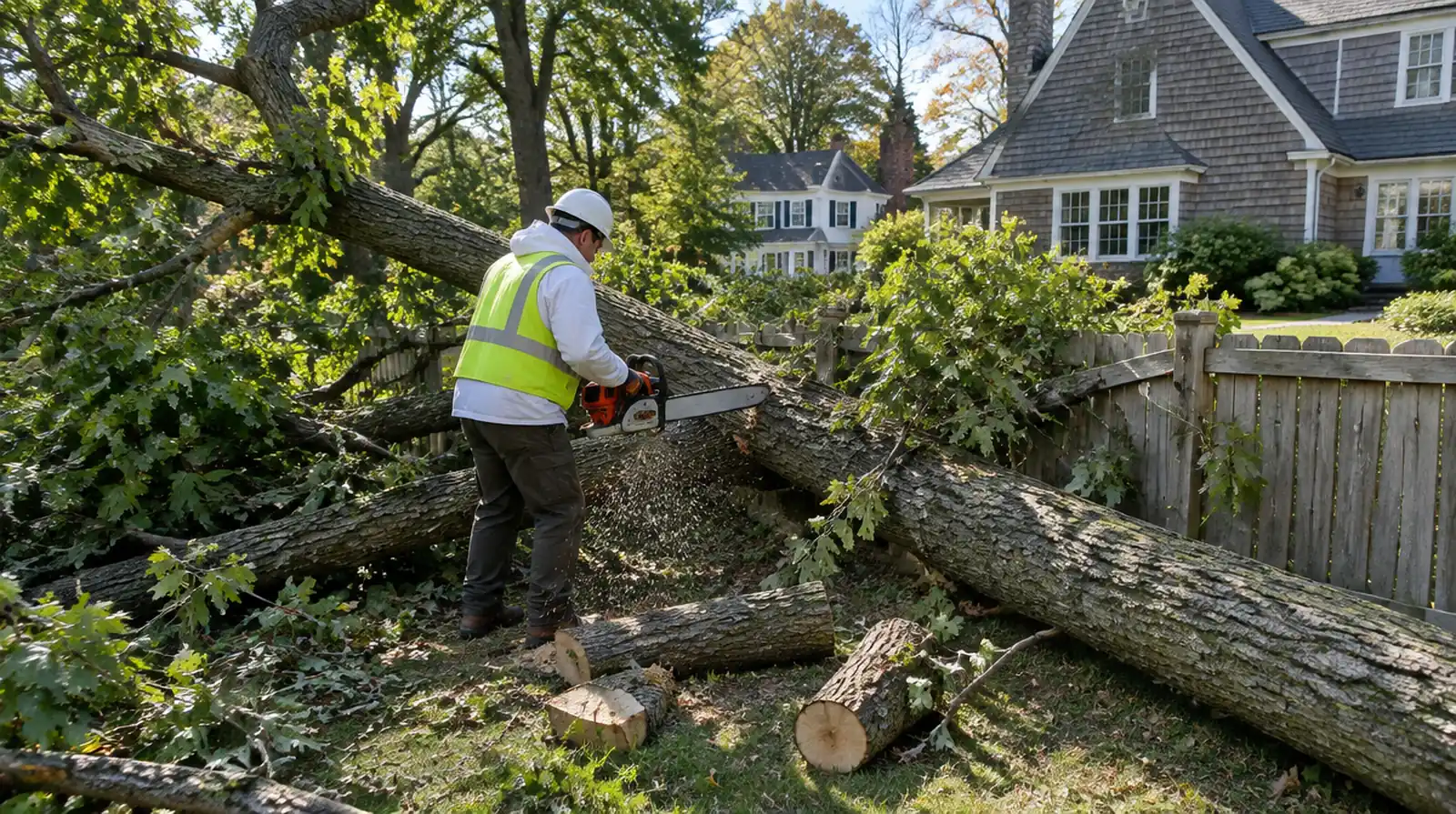 Crew clearing a storm-fallen tree in Oyster Bay, NY