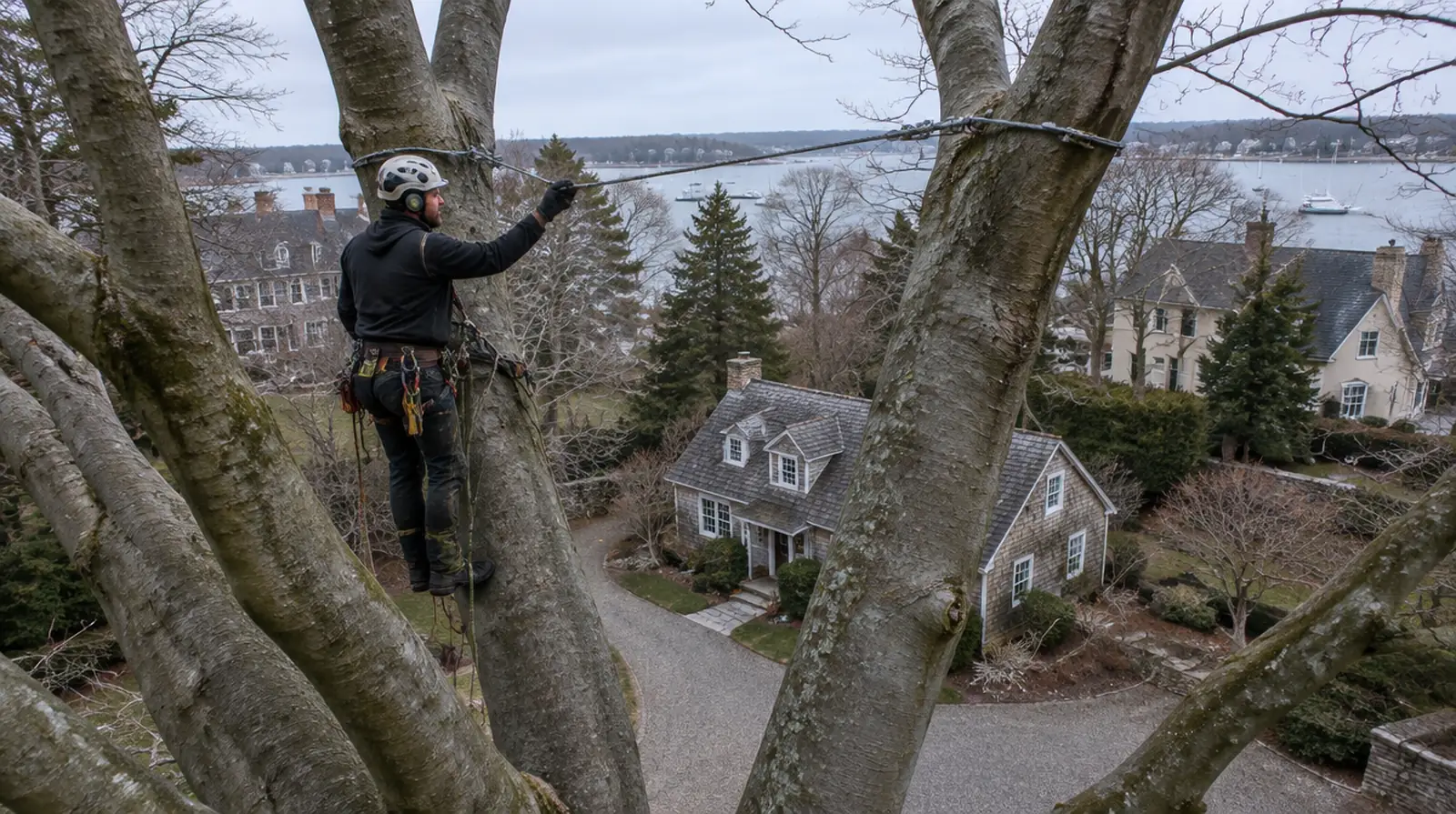 Arborist inspecting support cables in a large old beech in Oyster Bay, NY