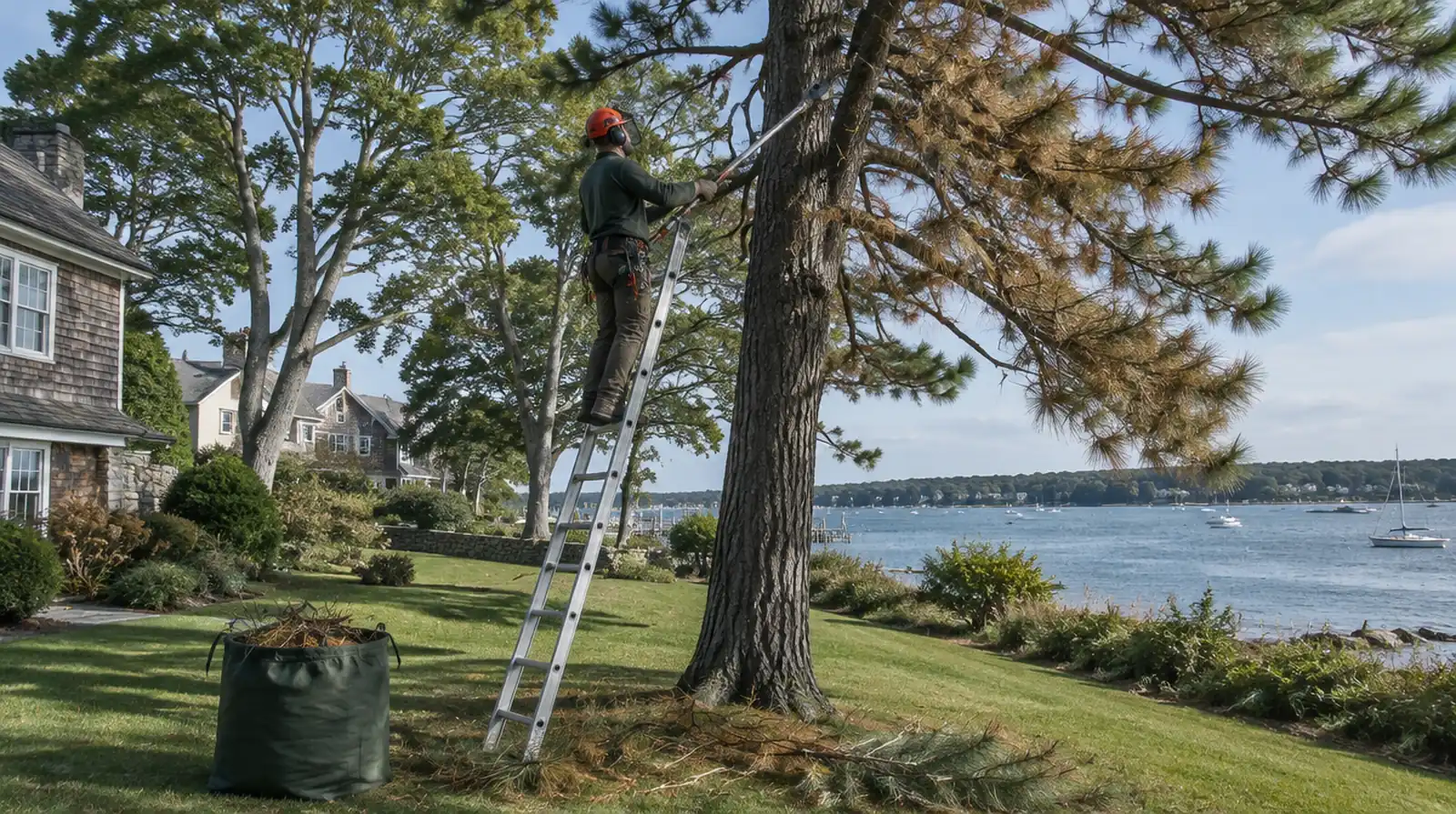 Pruning salt-damaged pine branches on a waterfront lot in Oyster Bay, NY