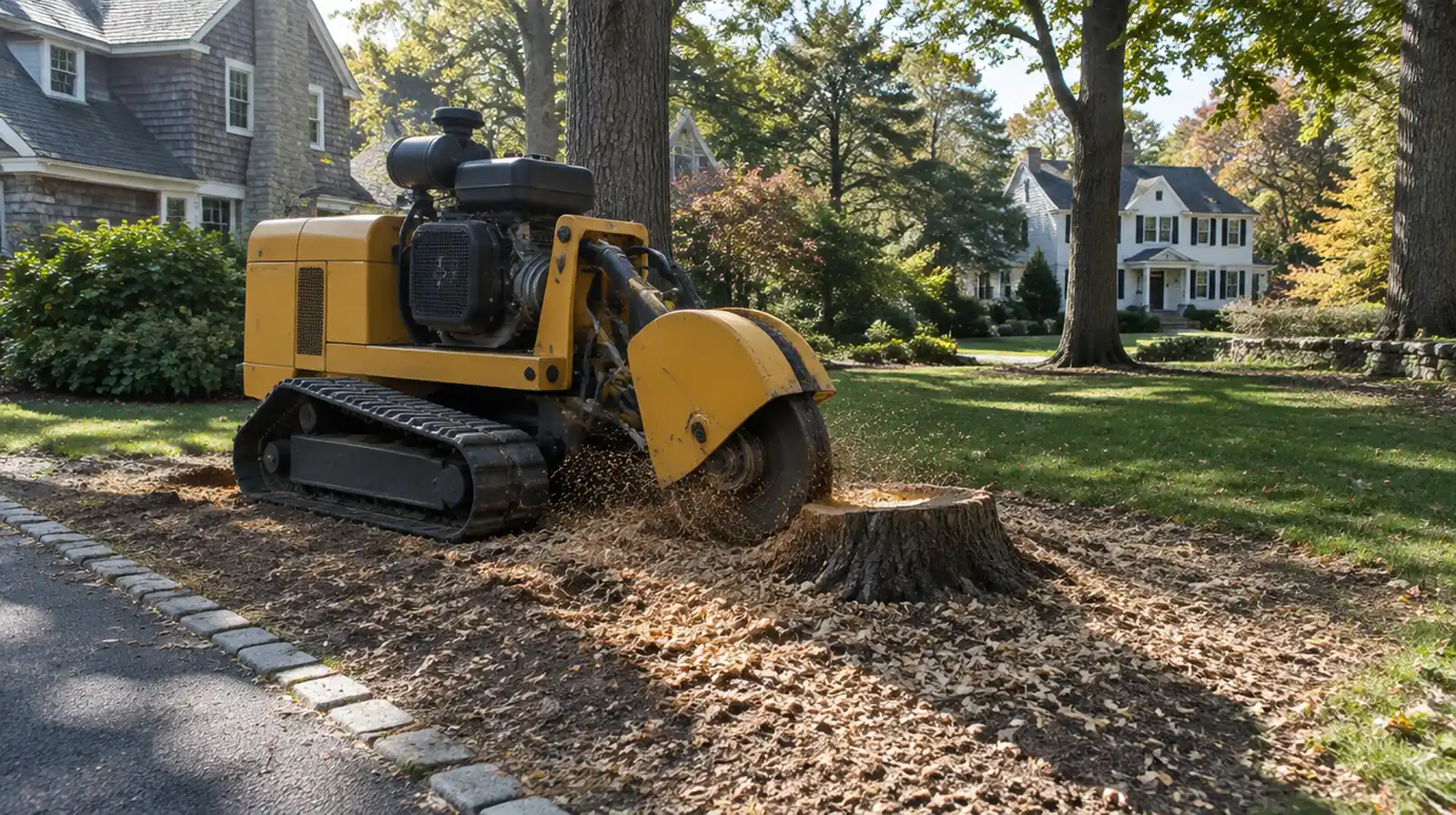 Stump grinder removing a tree stump in Oyster Bay, NY