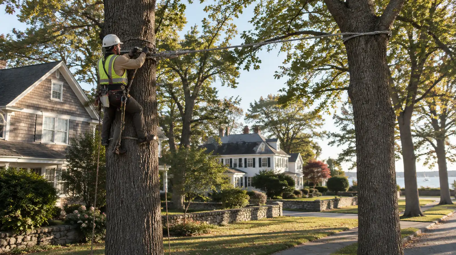 Arborist installing tree support cable in Oyster Bay, NY