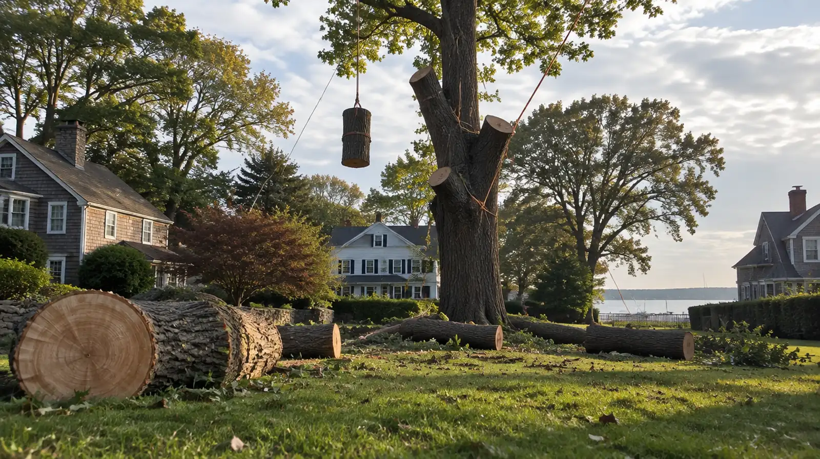 Tree being removed in sections in Oyster Bay, NY