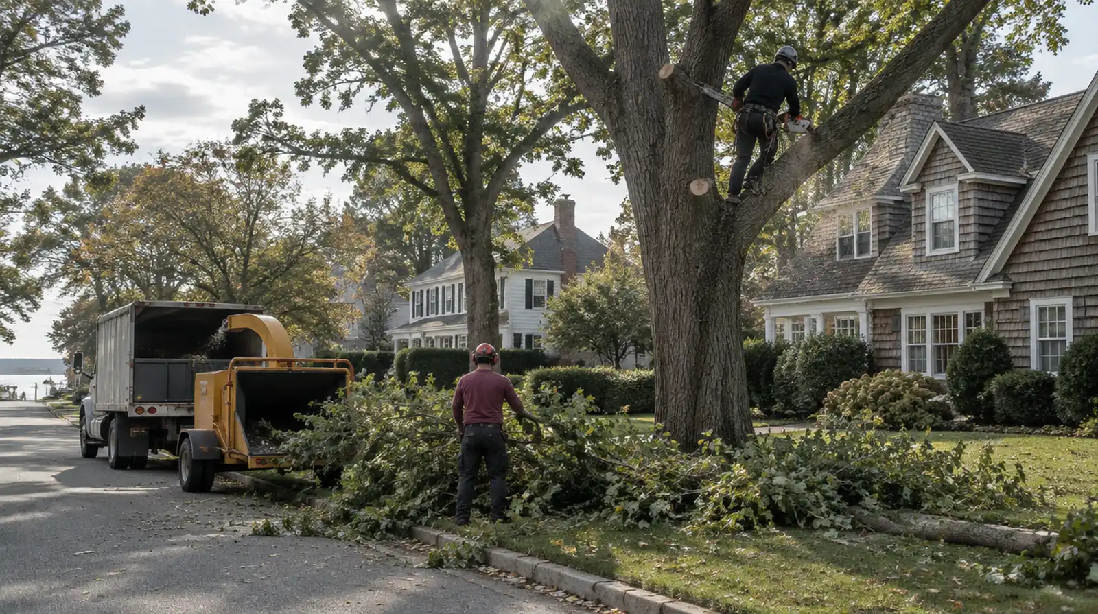 Tree service crew trimming a tree beside a home in Oyster Bay, NY