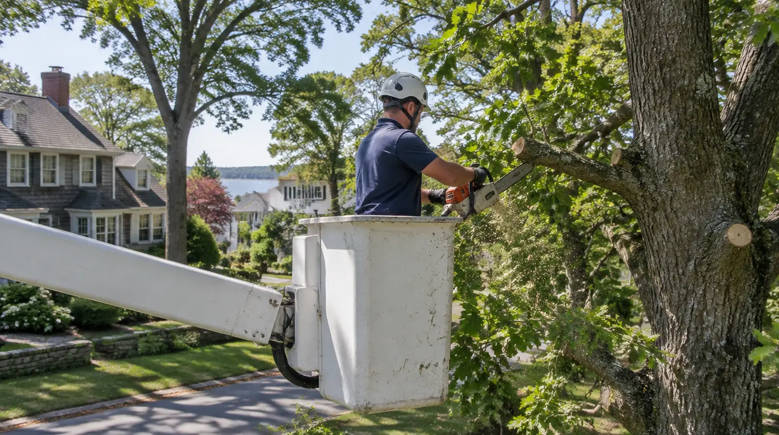 Arborist trimming tree branches from a bucket lift in Oyster Bay, NY