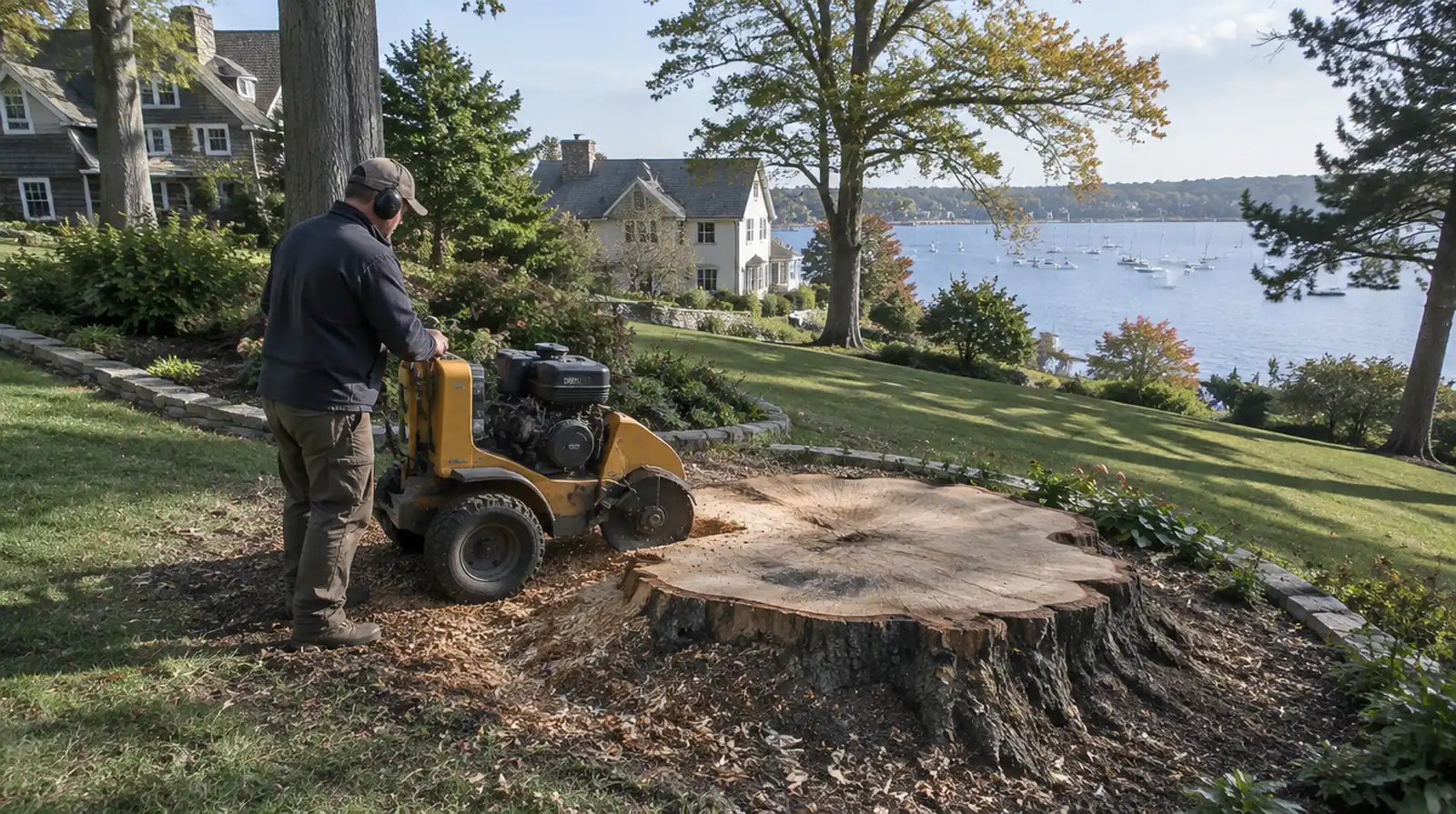Grinding a large beech stump in a garden border near the water in Oyster Bay, NY